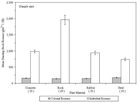 Mean standing stock biomass of individual and colonial attached epifauna on colonization plates by plate material for sampling years 1998-2004