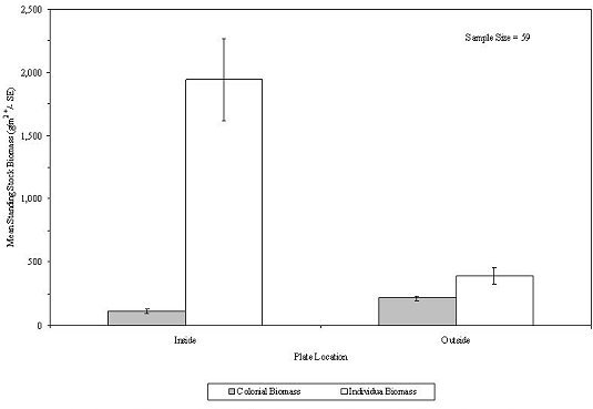 Mean standing stock biomass of individual and colonial attached epifauna on colonization plates by plate location for sampling years 1998-2004