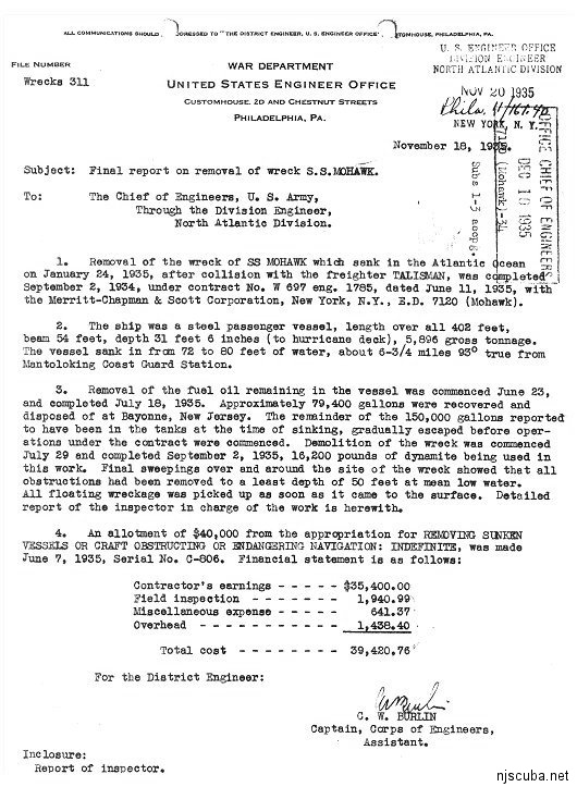 final disposition of the wreck of the Mohawk